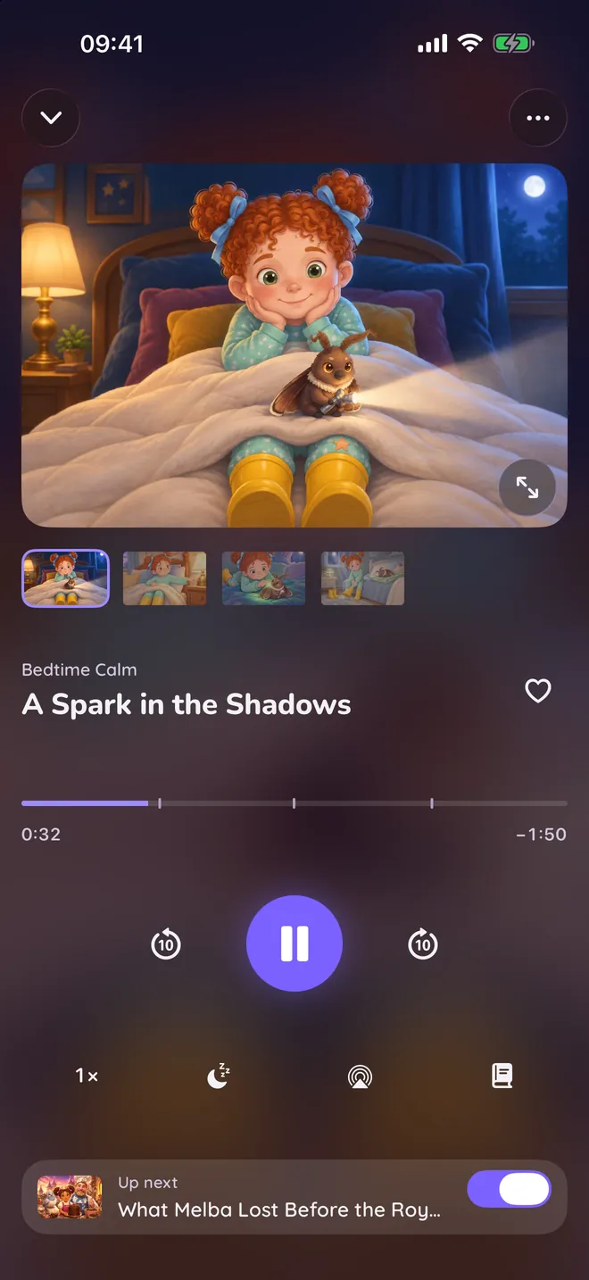 The Booklly app on iPhone, playing a story with its pictures and the sleep timer.